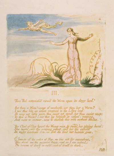 「Then Thel astonish&39;d ...」、「The Book of Thel」のプレート6、1789年（レリーフエッチングは茶色とwcで印刷） 作： William Blake
